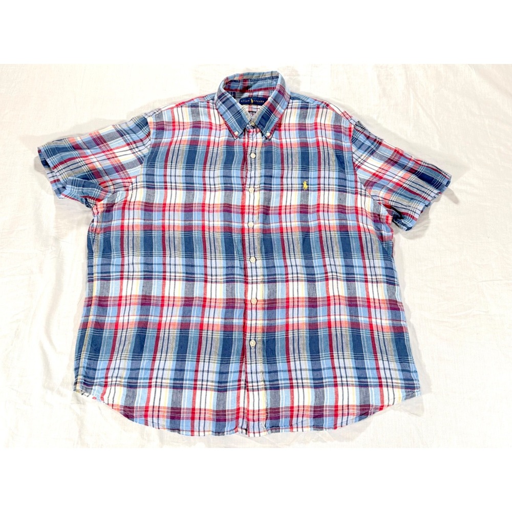 Polo Ralph Lauren Mens Large Plaid Linen Short Sleeve Button Down Shirt Blue Red